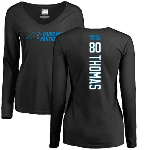 Carolina Panthers Black Women Ian Thomas Backer Slim Fit NFL Football #80 Long Sleeve T Shirt